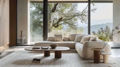 Helles Wohnzimmer mit Panoramafenster im Partner-Haus Fertighaus – moderne, minimalistische Inneneinrichtung mit Blick ins Grüne